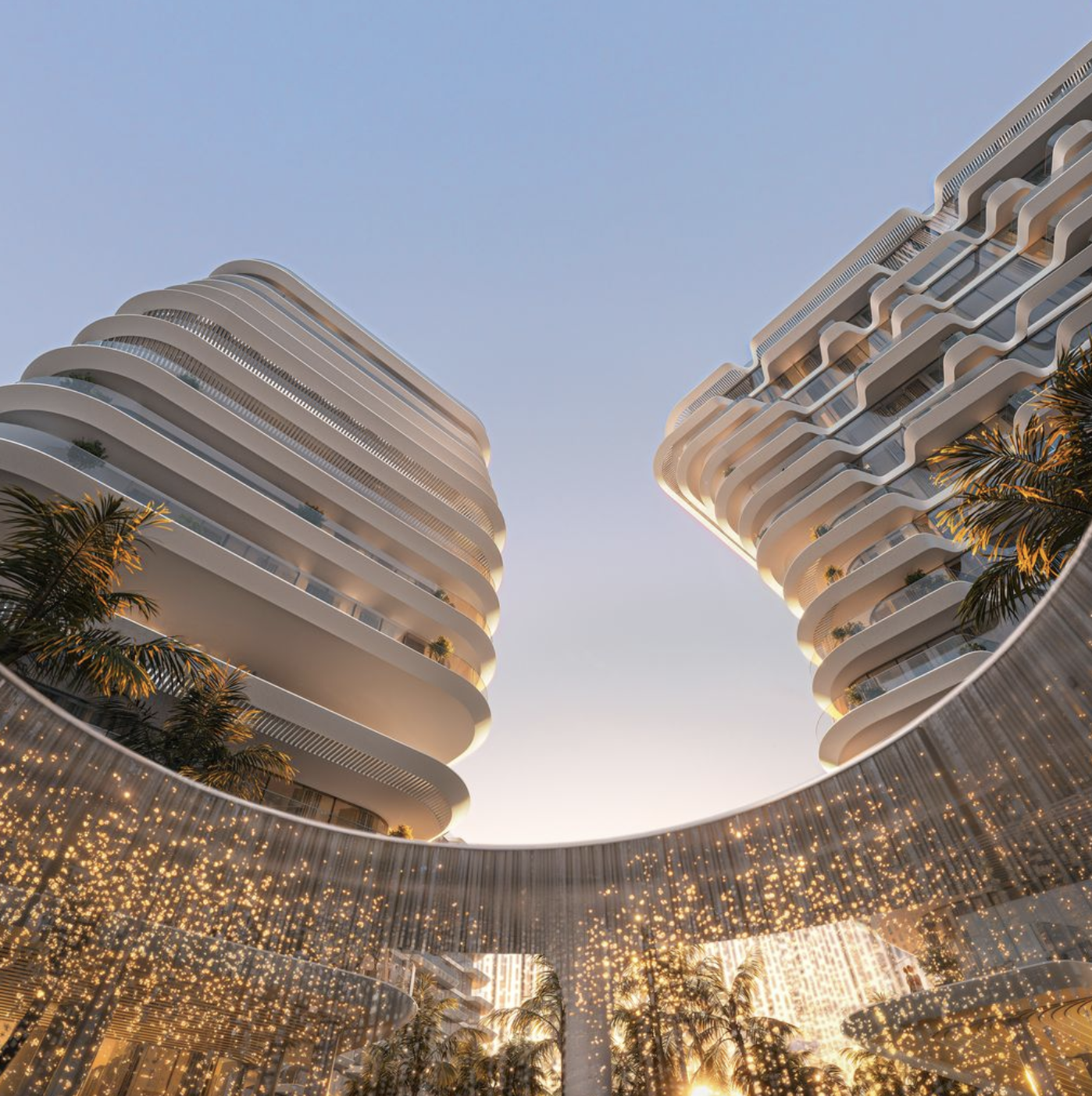 PASSO towers illuminated at night